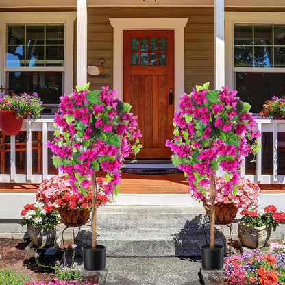 4 ft Bougainvillea Artificial 2 Pcs Artificial Bougainvillea Tree with Flowers in Plastic Pot Tall Floor Plant Faux Blooming Tree Large Fake Plants for Outdoor Indoor(Rose Red)