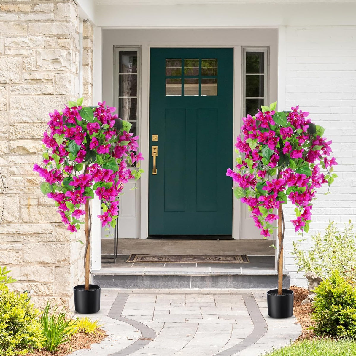 4 ft Bougainvillea Artificial 2 Pcs Artificial Bougainvillea Tree with Flowers in Plastic Pot Tall Floor Plant Faux Blooming Tree Large Fake Plants for Outdoor Indoor(Rose Red)