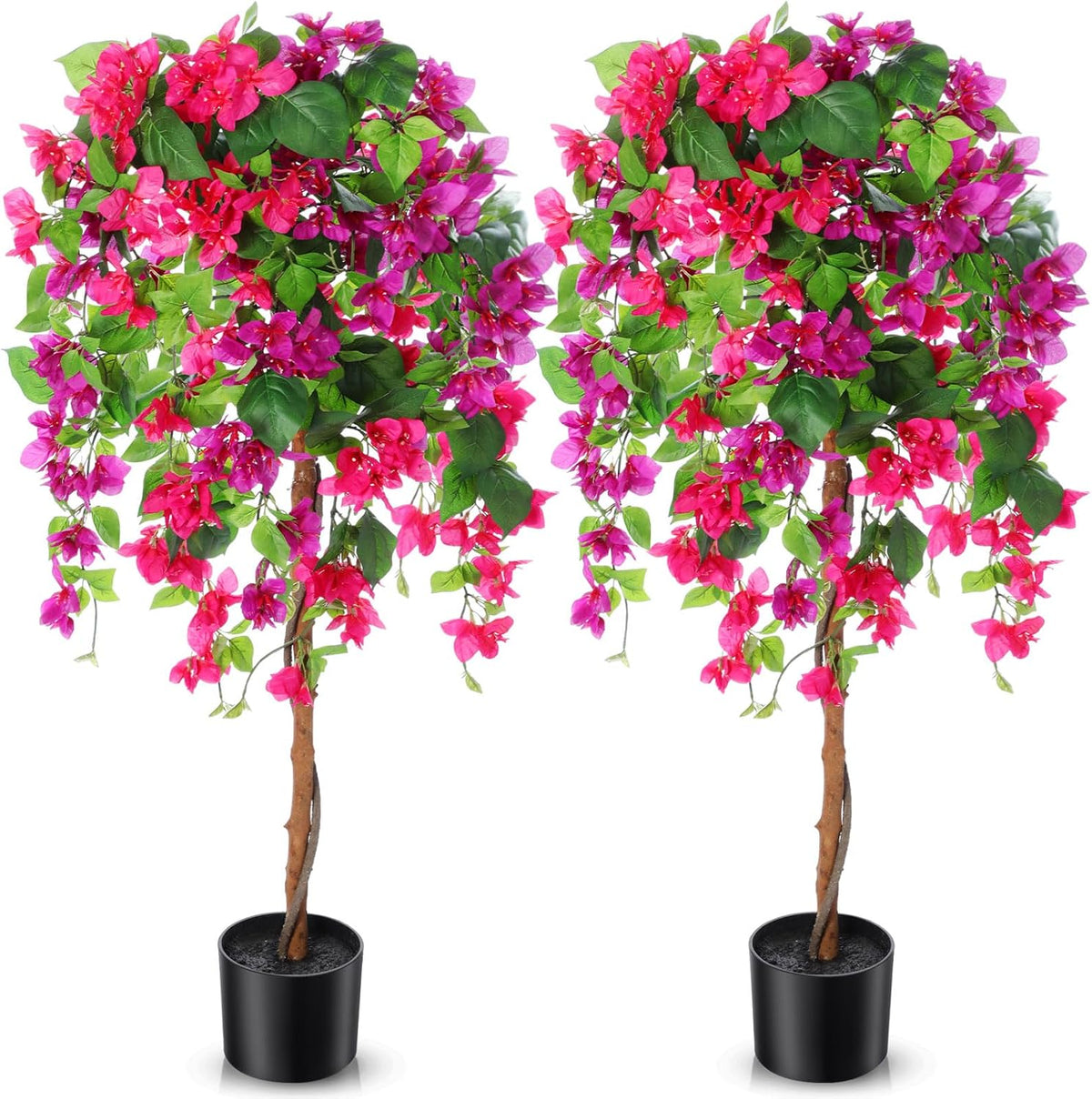 4 ft Bougainvillea Artificial 2 Pcs Artificial Bougainvillea Tree with Flowers in Plastic Pot Tall Floor Plant Faux Blooming Tree Large Fake Plants for Outdoor Indoor(Rose Red)