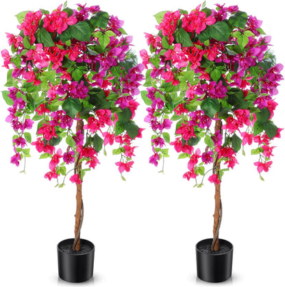 4 ft Bougainvillea Artificial 2 Pcs Artificial Bougainvillea Tree with Flowers in Plastic Pot Tall Floor Plant Faux Blooming Tree Large Fake Plants for Outdoor Indoor(Rose Red)