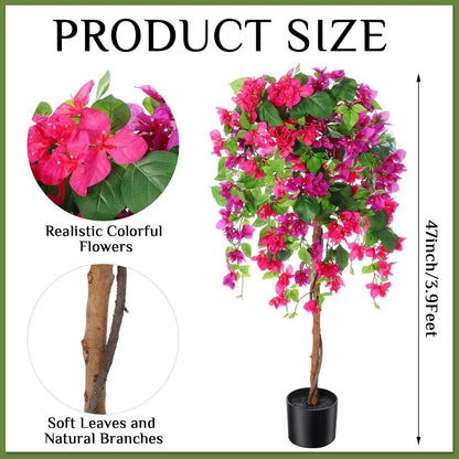 4 ft Bougainvillea Artificial 2 Pcs Artificial Bougainvillea Tree with Flowers in Plastic Pot Tall Floor Plant Faux Blooming Tree Large Fake Plants for Outdoor Indoor(Rose Red)