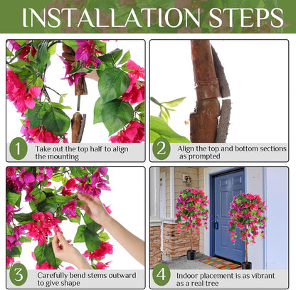 4 ft Bougainvillea Artificial 2 Pcs Artificial Bougainvillea Tree with Flowers in Plastic Pot Tall Floor Plant Faux Blooming Tree Large Fake Plants for Outdoor Indoor(Rose Red)