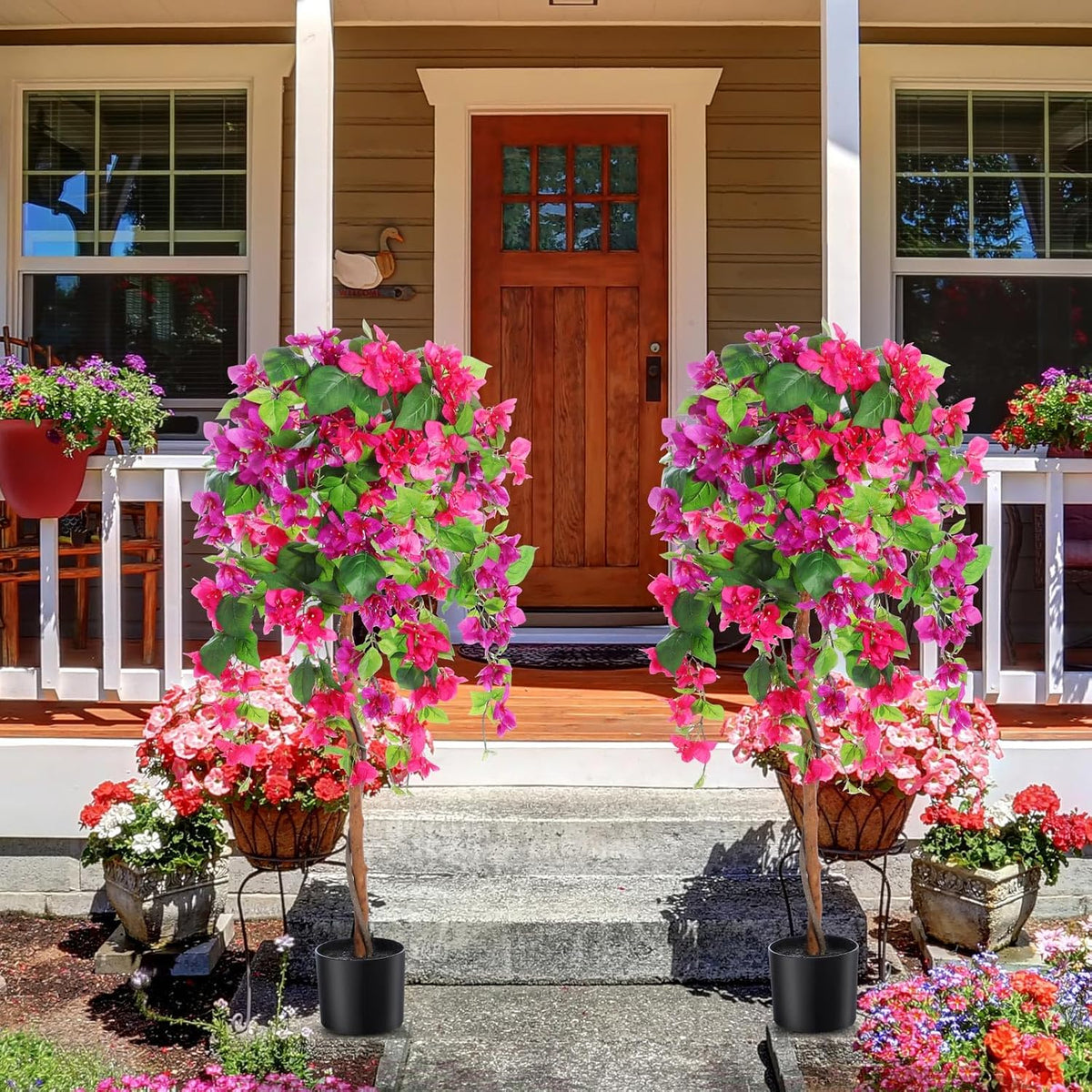 4 ft Bougainvillea Artificial 2 Pcs Artificial Bougainvillea Tree with Flowers in Plastic Pot Tall Floor Plant Faux Blooming Tree Large Fake Plants for Outdoor Indoor(Rose Red)