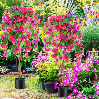 4 ft Bougainvillea Artificial 2 Pcs Artificial Bougainvillea Tree with Flowers in Plastic Pot Tall Floor Plant Faux Blooming Tree Large Fake Plants for Outdoor Indoor(Rose Red)