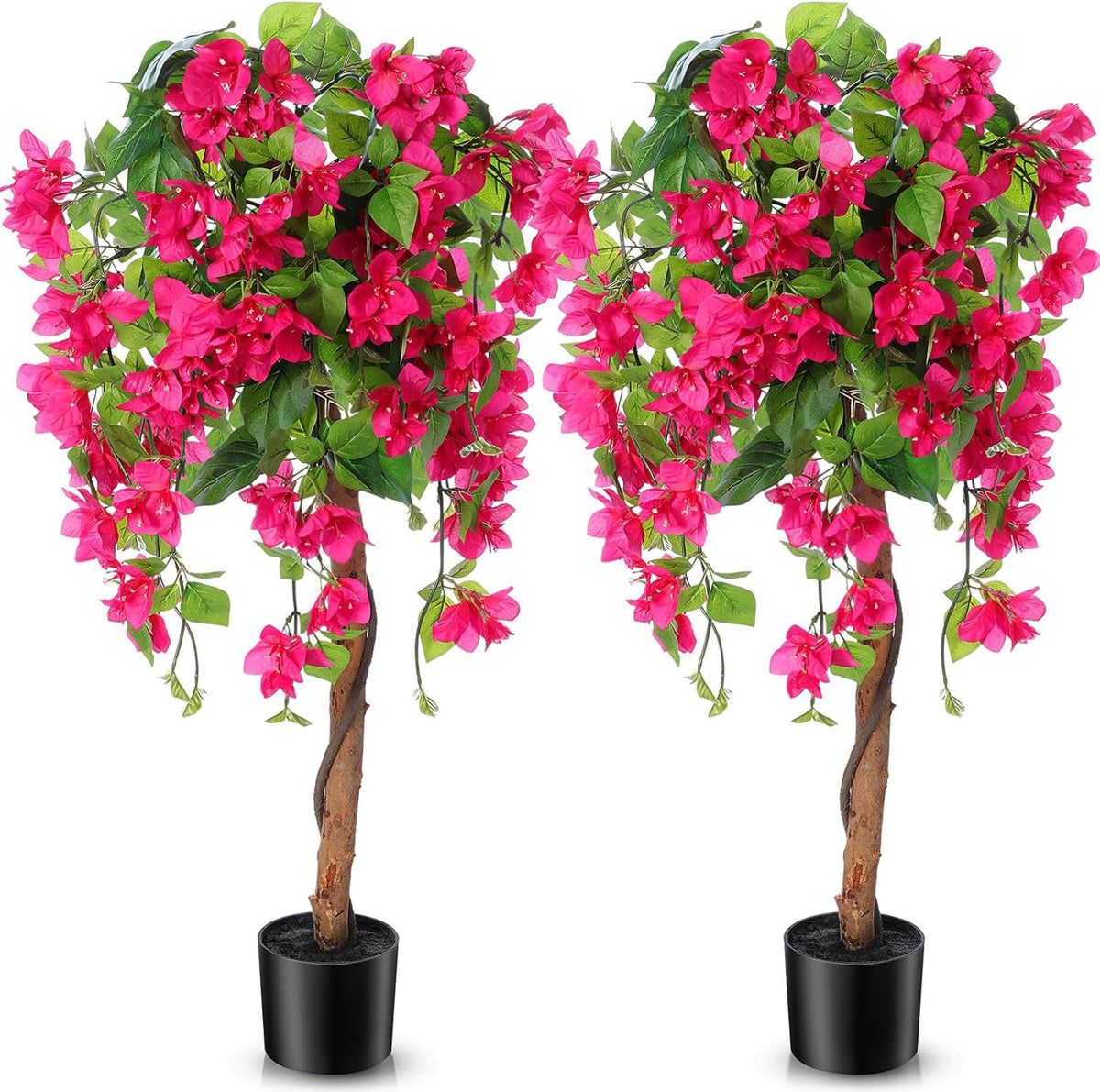 4 ft Bougainvillea Artificial 2 Pcs Artificial Bougainvillea Tree with Flowers in Plastic Pot Tall Floor Plant Faux Blooming Tree Large Fake Plants for Outdoor Indoor(Rose Red)