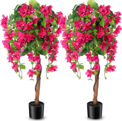 4 ft Bougainvillea Artificial 2 Pcs Artificial Bougainvillea Tree with Flowers in Plastic Pot Tall Floor Plant Faux Blooming Tree Large Fake Plants for Outdoor Indoor(Rose Red)