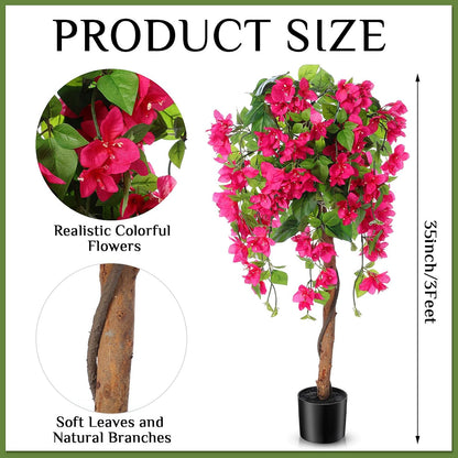4 ft Bougainvillea Artificial 2 Pcs Artificial Bougainvillea Tree with Flowers in Plastic Pot Tall Floor Plant Faux Blooming Tree Large Fake Plants for Outdoor Indoor(Rose Red)