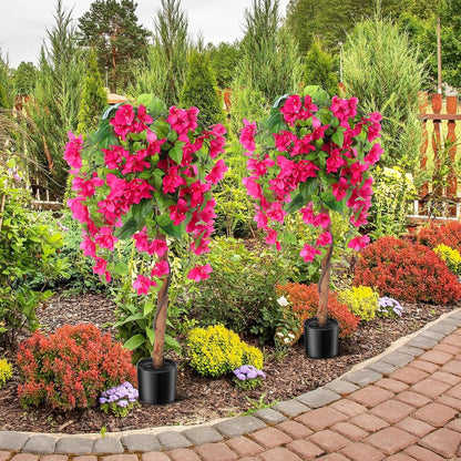 4 ft Bougainvillea Artificial 2 Pcs Artificial Bougainvillea Tree with Flowers in Plastic Pot Tall Floor Plant Faux Blooming Tree Large Fake Plants for Outdoor Indoor(Rose Red)