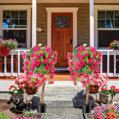 4 ft Bougainvillea Artificial 2 Pcs Artificial Bougainvillea Tree with Flowers in Plastic Pot Tall Floor Plant Faux Blooming Tree Large Fake Plants for Outdoor Indoor(Rose Red)
