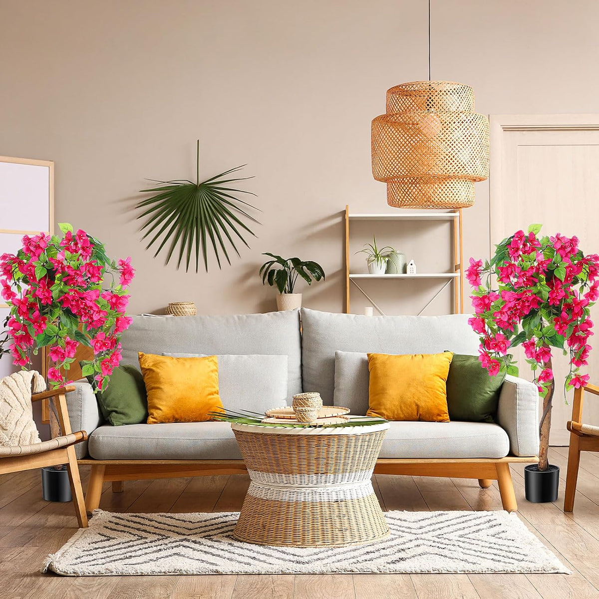 4 ft Bougainvillea Artificial 2 Pcs Artificial Bougainvillea Tree with Flowers in Plastic Pot Tall Floor Plant Faux Blooming Tree Large Fake Plants for Outdoor Indoor(Rose Red)