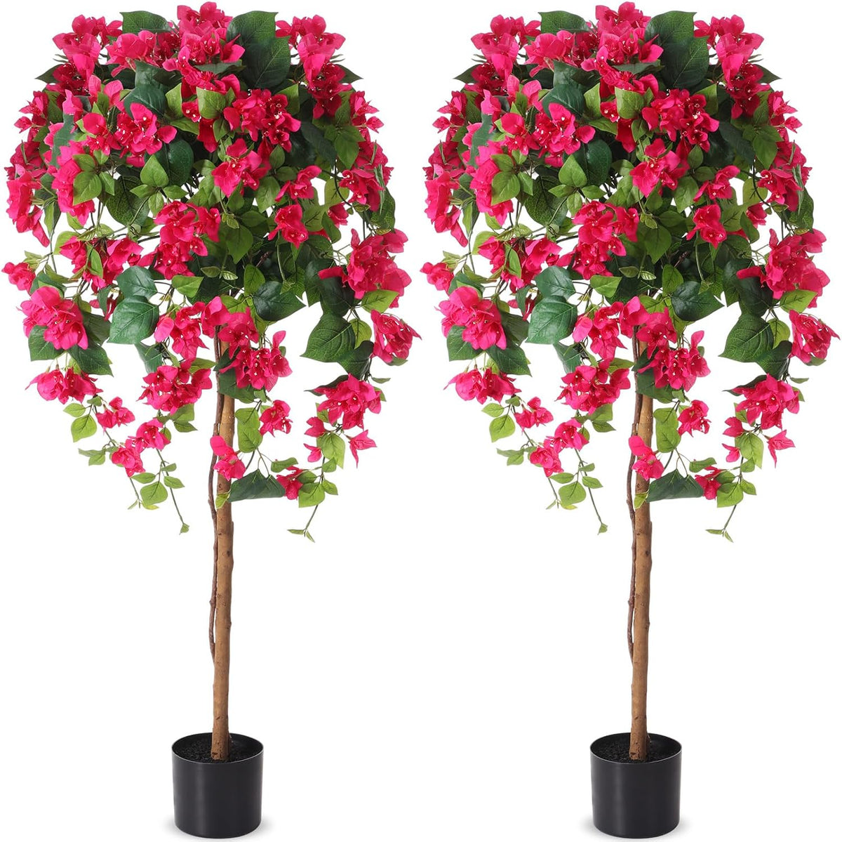 4 ft Bougainvillea Artificial 2 Pcs Artificial Bougainvillea Tree with Flowers in Plastic Pot Tall Floor Plant Faux Blooming Tree Large Fake Plants for Outdoor Indoor(Rose Red)