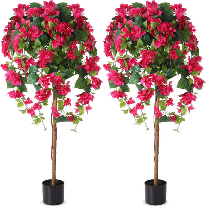 4 ft Bougainvillea Artificial 2 Pcs Artificial Bougainvillea Tree with Flowers in Plastic Pot Tall Floor Plant Faux Blooming Tree Large Fake Plants for Outdoor Indoor(Rose Red)