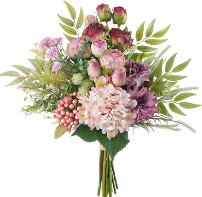 18-inch Artificial Fake Flowers Silk Flower Arrangements Faux Bouquets with Roses, Tulips, Calliopsis, Dahlias, Hydrangeas, Sages, Dandelions, Eucalyptus and Berry Bead Branch