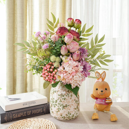 18-inch Artificial Fake Flowers Silk Flower Arrangements Faux Bouquets with Roses, Tulips, Calliopsis, Dahlias, Hydrangeas, Sages, Dandelions, Eucalyptus and Berry Bead Branch