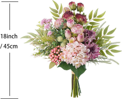 18-inch Artificial Fake Flowers Silk Flower Arrangements Faux Bouquets with Roses, Tulips, Calliopsis, Dahlias, Hydrangeas, Sages, Dandelions, Eucalyptus and Berry Bead Branch