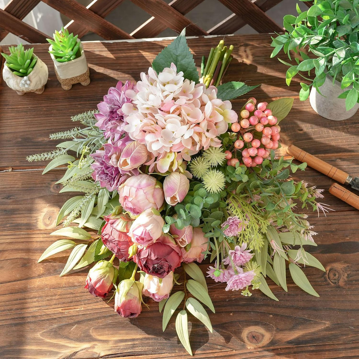 18-inch Artificial Fake Flowers Silk Flower Arrangements Faux Bouquets with Roses, Tulips, Calliopsis, Dahlias, Hydrangeas, Sages, Dandelions, Eucalyptus and Berry Bead Branch