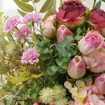 18-inch Artificial Fake Flowers Silk Flower Arrangements Faux Bouquets with Roses, Tulips, Calliopsis, Dahlias, Hydrangeas, Sages, Dandelions, Eucalyptus and Berry Bead Branch