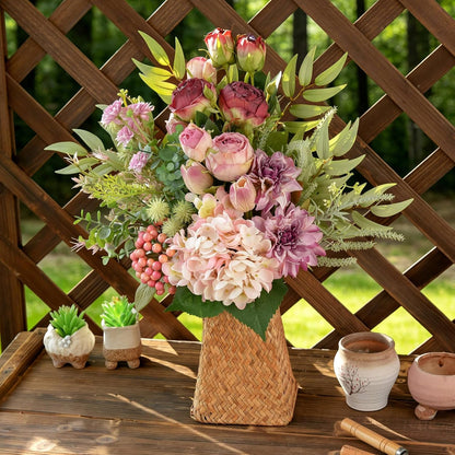 18-inch Artificial Fake Flowers Silk Flower Arrangements Faux Bouquets with Roses, Tulips, Calliopsis, Dahlias, Hydrangeas, Sages, Dandelions, Eucalyptus and Berry Bead Branch