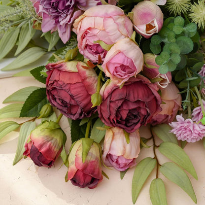 18-inch Artificial Fake Flowers Silk Flower Arrangements Faux Bouquets with Roses, Tulips, Calliopsis, Dahlias, Hydrangeas, Sages, Dandelions, Eucalyptus and Berry Bead Branch