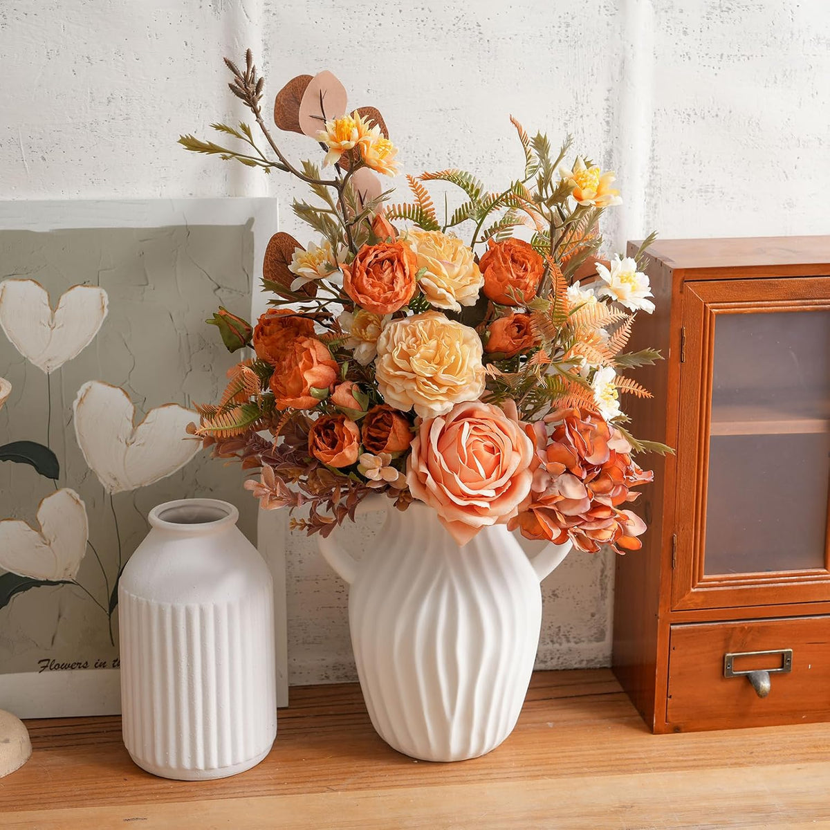 18-inch Artificial Fake Flowers Silk Flower Arrangements Faux Bouquets with Roses, Tulips, Calliopsis, Dahlias, Hydrangeas, Sages, Dandelions, Eucalyptus and Berry Bead Branch