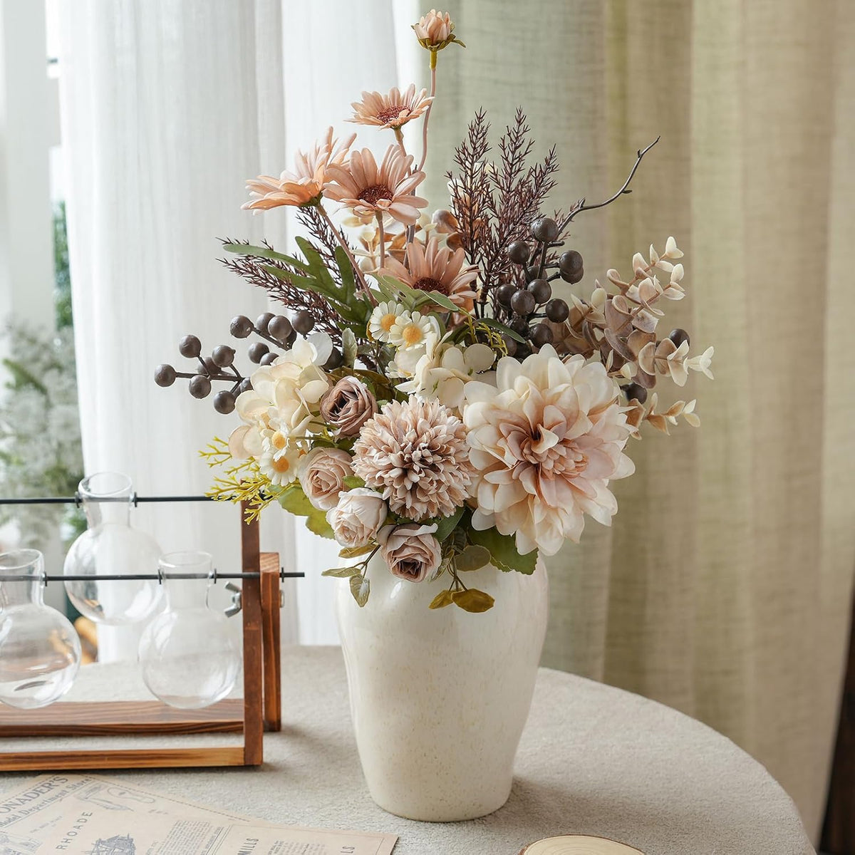 18-inch Artificial Fake Flowers Silk Flower Arrangements Faux Bouquets with Roses, Tulips, Calliopsis, Dahlias, Hydrangeas, Sages, Dandelions, Eucalyptus and Berry Bead Branch