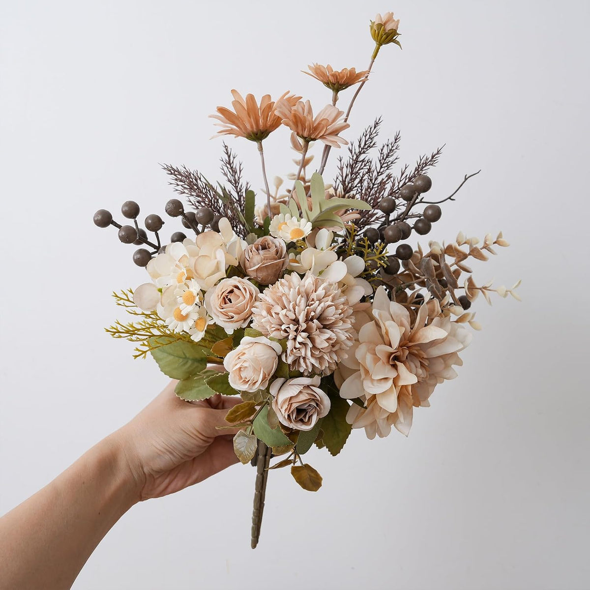 18-inch Artificial Fake Flowers Silk Flower Arrangements Faux Bouquets with Roses, Tulips, Calliopsis, Dahlias, Hydrangeas, Sages, Dandelions, Eucalyptus and Berry Bead Branch