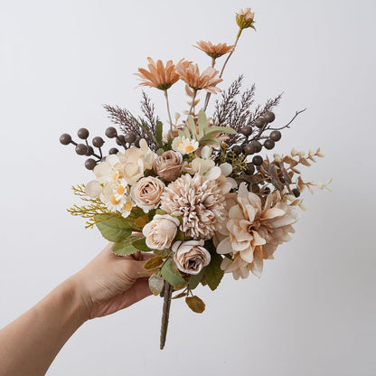 18-inch Artificial Fake Flowers Silk Flower Arrangements Faux Bouquets with Roses, Tulips, Calliopsis, Dahlias, Hydrangeas, Sages, Dandelions, Eucalyptus and Berry Bead Branch