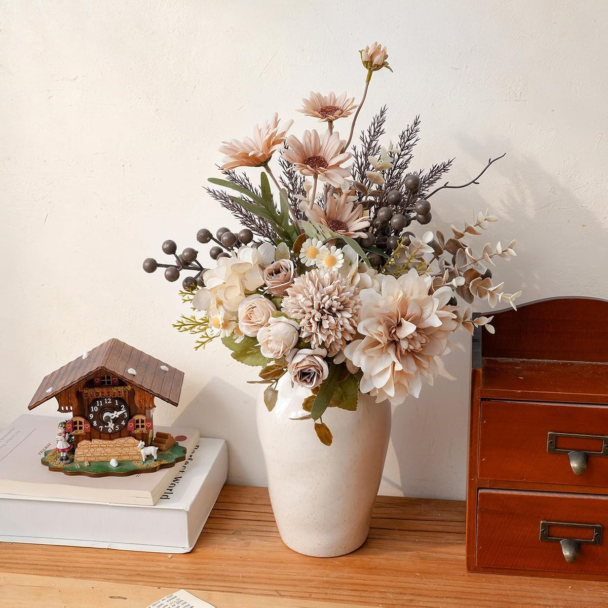 18-inch Artificial Fake Flowers Silk Flower Arrangements Faux Bouquets with Roses, Tulips, Calliopsis, Dahlias, Hydrangeas, Sages, Dandelions, Eucalyptus and Berry Bead Branch