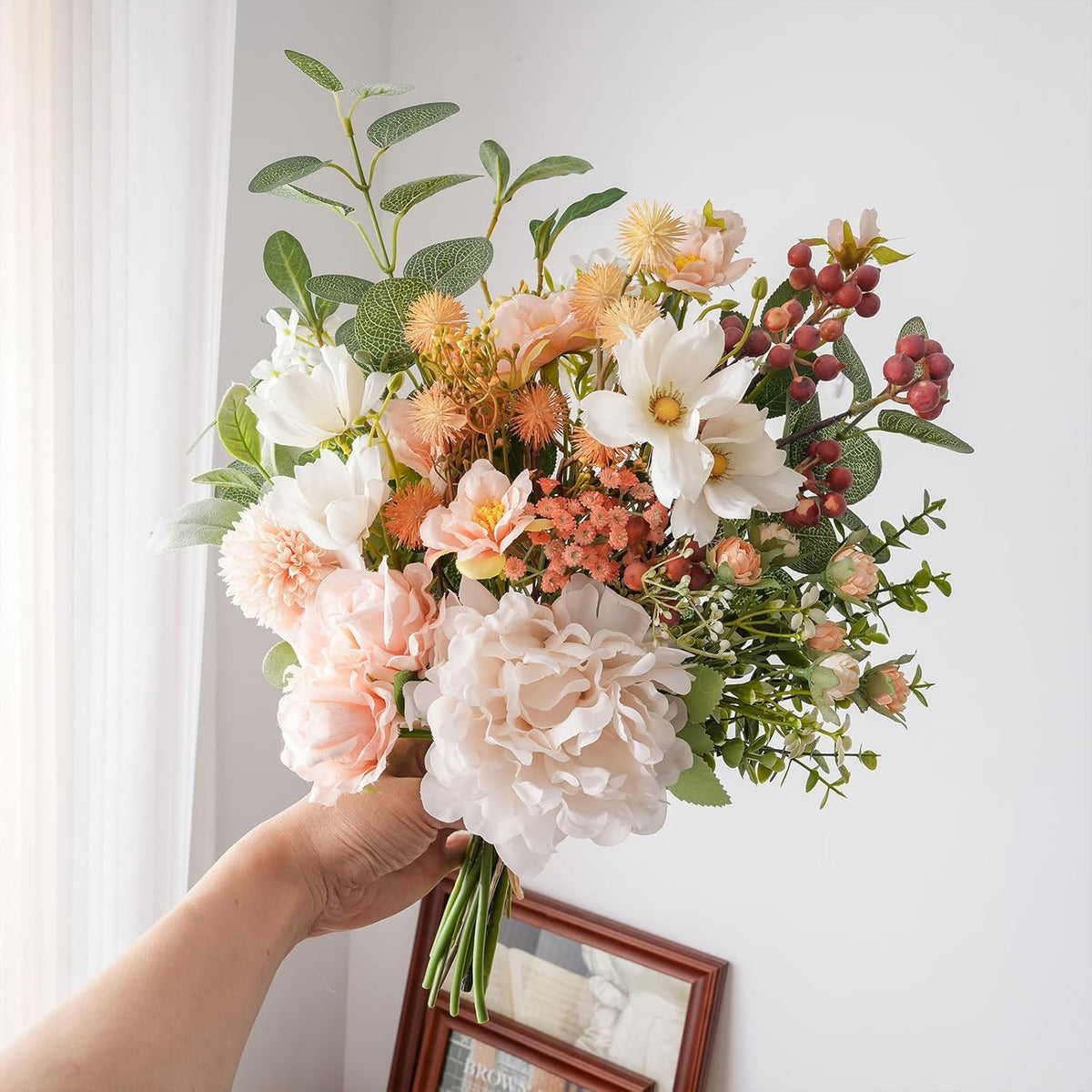 18-inch Artificial Fake Flowers Silk Flower Arrangements Faux Bouquets with Roses, Tulips, Calliopsis, Dahlias, Hydrangeas, Sages, Dandelions, Eucalyptus and Berry Bead Branch