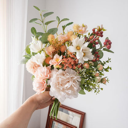 18-inch Artificial Fake Flowers Silk Flower Arrangements Faux Bouquets with Roses, Tulips, Calliopsis, Dahlias, Hydrangeas, Sages, Dandelions, Eucalyptus and Berry Bead Branch