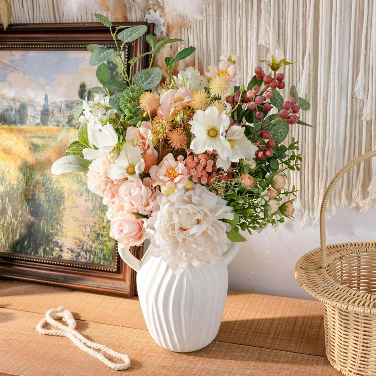 18-inch Artificial Fake Flowers Silk Flower Arrangements Faux Bouquets with Roses, Tulips, Calliopsis, Dahlias, Hydrangeas, Sages, Dandelions, Eucalyptus and Berry Bead Branch