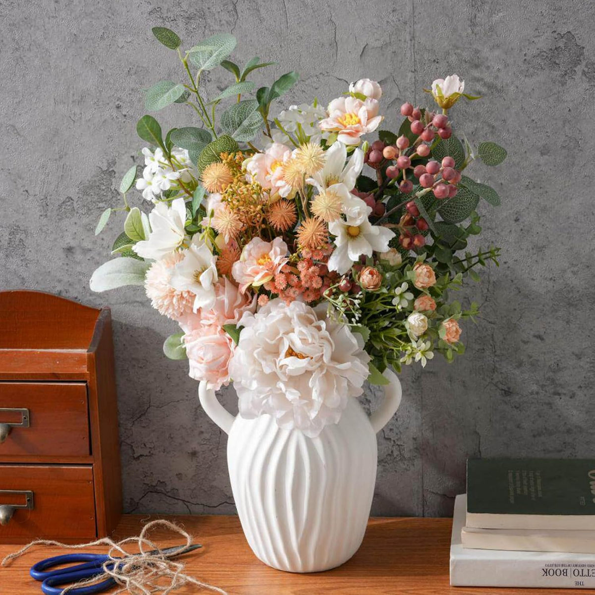 18-inch Artificial Fake Flowers Silk Flower Arrangements Faux Bouquets with Roses, Tulips, Calliopsis, Dahlias, Hydrangeas, Sages, Dandelions, Eucalyptus and Berry Bead Branch