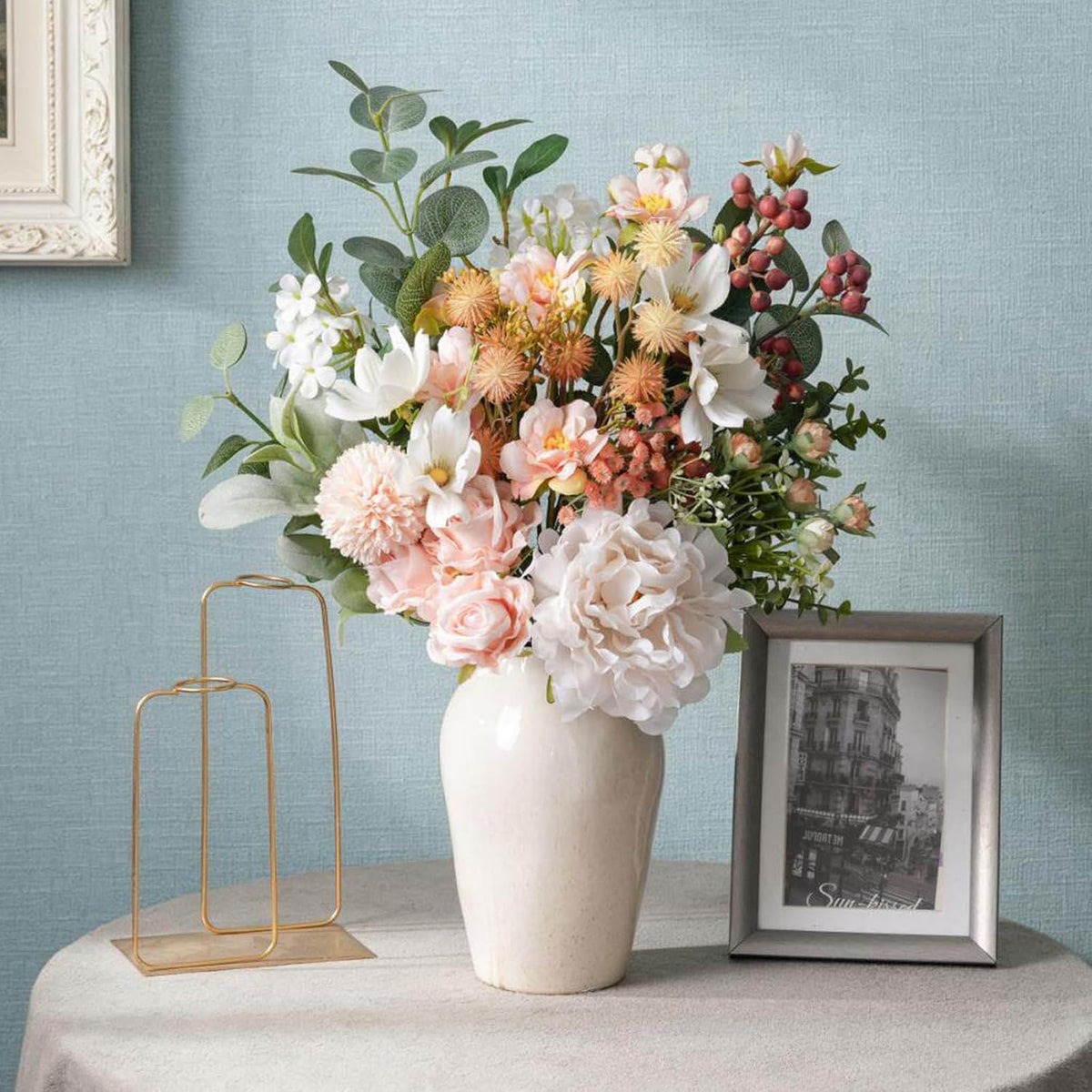 18-inch Artificial Fake Flowers Silk Flower Arrangements Faux Bouquets with Roses, Tulips, Calliopsis, Dahlias, Hydrangeas, Sages, Dandelions, Eucalyptus and Berry Bead Branch