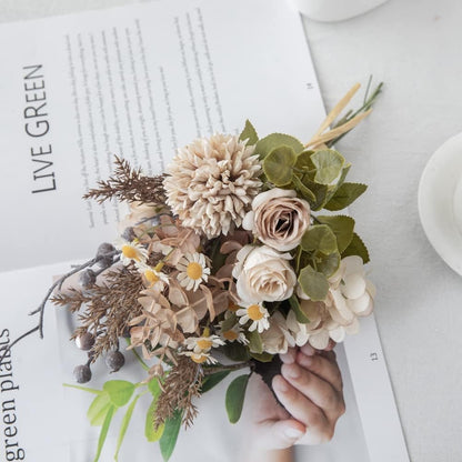 18-inch Artificial Fake Flowers Silk Flower Arrangements Faux Bouquets with Roses, Tulips, Calliopsis, Dahlias, Hydrangeas, Sages, Dandelions, Eucalyptus and Berry Bead Branch