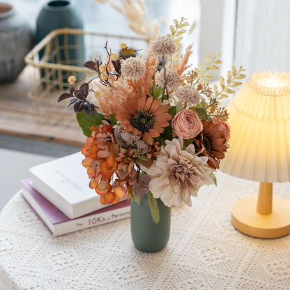18-inch Artificial Fake Flowers Silk Flower Arrangements Faux Bouquets with Roses, Tulips, Calliopsis, Dahlias, Hydrangeas, Sages, Dandelions, Eucalyptus and Berry Bead Branch