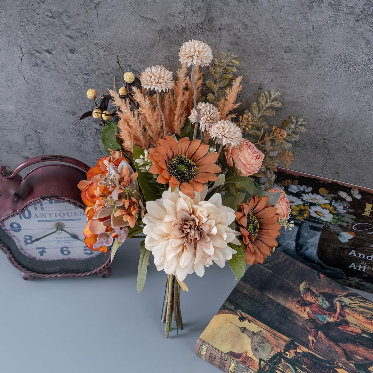 18-inch Artificial Fake Flowers Silk Flower Arrangements Faux Bouquets with Roses, Tulips, Calliopsis, Dahlias, Hydrangeas, Sages, Dandelions, Eucalyptus and Berry Bead Branch