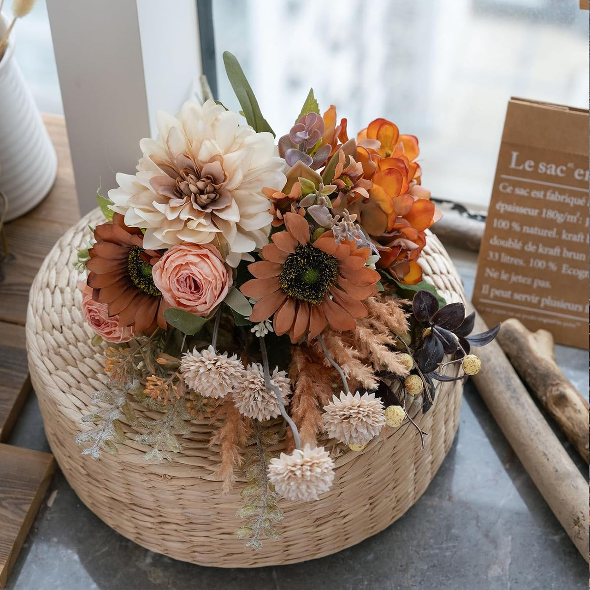 18-inch Artificial Fake Flowers Silk Flower Arrangements Faux Bouquets with Roses, Tulips, Calliopsis, Dahlias, Hydrangeas, Sages, Dandelions, Eucalyptus and Berry Bead Branch