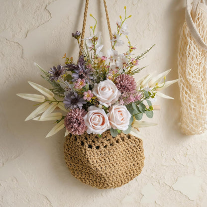 18-inch Artificial Fake Flowers Silk Flower Arrangements Faux Bouquets with Roses, Tulips, Calliopsis, Dahlias, Hydrangeas, Sages, Dandelions, Eucalyptus and Berry Bead Branch