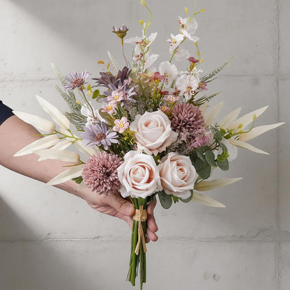 18-inch Artificial Fake Flowers Silk Flower Arrangements Faux Bouquets with Roses, Tulips, Calliopsis, Dahlias, Hydrangeas, Sages, Dandelions, Eucalyptus and Berry Bead Branch