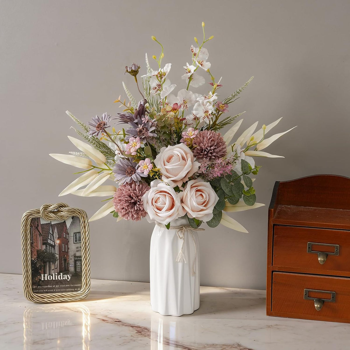 18-inch Artificial Fake Flowers Silk Flower Arrangements Faux Bouquets with Roses, Tulips, Calliopsis, Dahlias, Hydrangeas, Sages, Dandelions, Eucalyptus and Berry Bead Branch