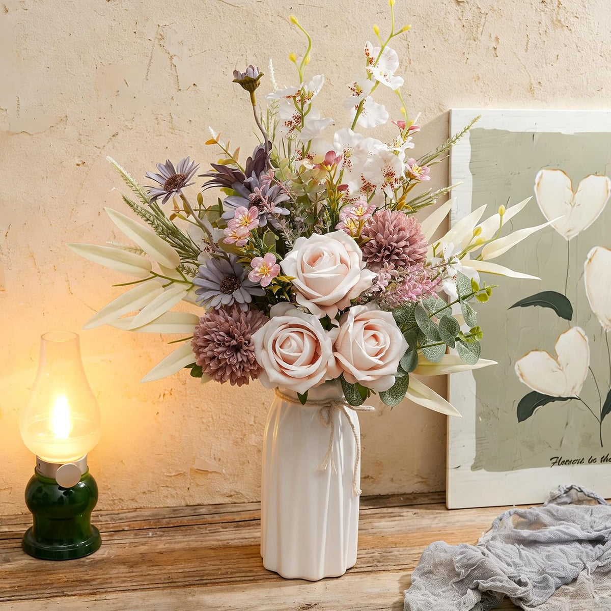 18-inch Artificial Fake Flowers Silk Flower Arrangements Faux Bouquets with Roses, Tulips, Calliopsis, Dahlias, Hydrangeas, Sages, Dandelions, Eucalyptus and Berry Bead Branch