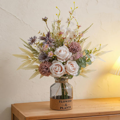 18-inch Artificial Fake Flowers Silk Flower Arrangements Faux Bouquets with Roses, Tulips, Calliopsis, Dahlias, Hydrangeas, Sages, Dandelions, Eucalyptus and Berry Bead Branch
