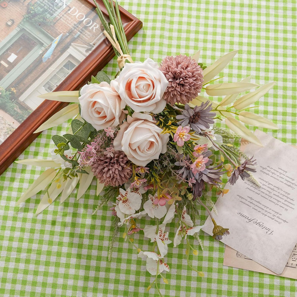 18-inch Artificial Fake Flowers Silk Flower Arrangements Faux Bouquets with Roses, Tulips, Calliopsis, Dahlias, Hydrangeas, Sages, Dandelions, Eucalyptus and Berry Bead Branch