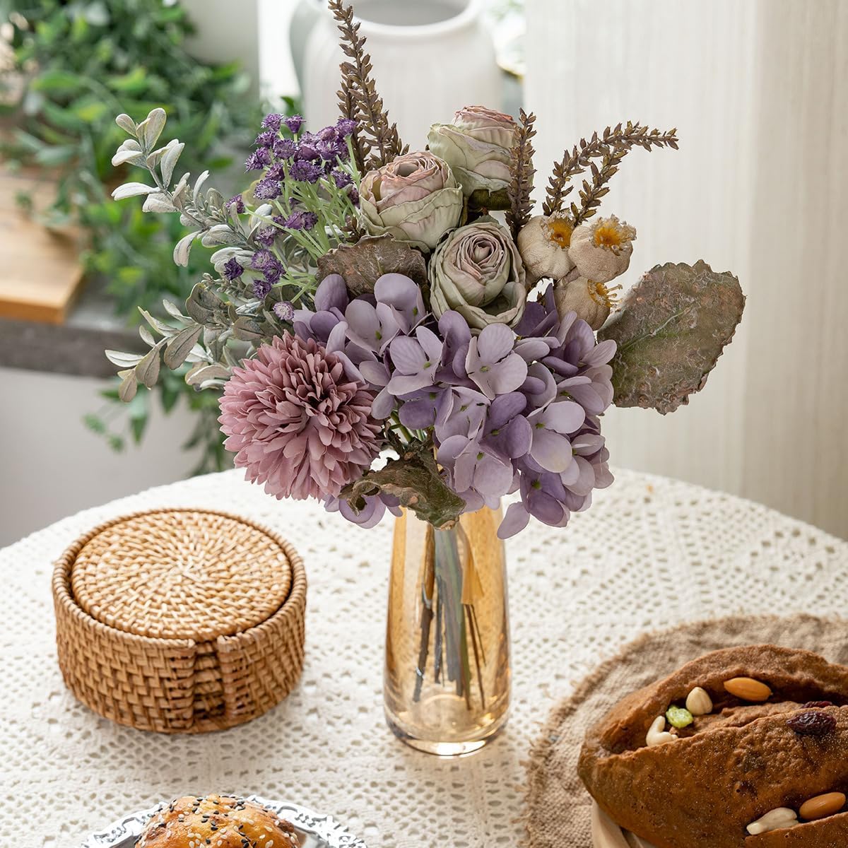 18-inch Artificial Fake Flowers Silk Flower Arrangements Faux Bouquets with Roses, Tulips, Calliopsis, Dahlias, Hydrangeas, Sages, Dandelions, Eucalyptus and Berry Bead Branch