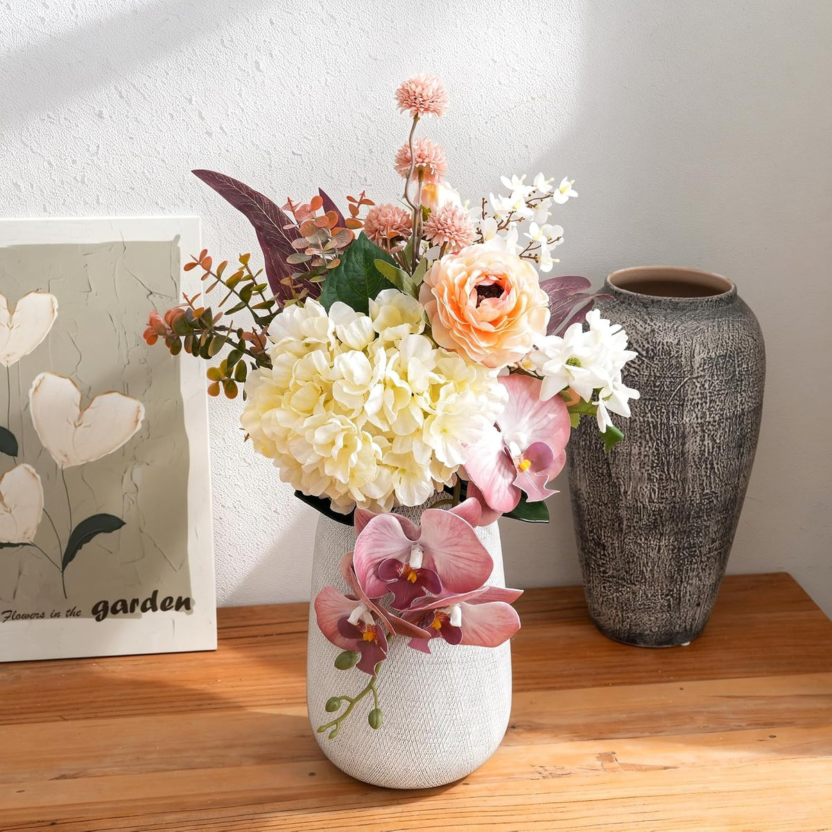 18-inch Artificial Fake Flowers Silk Flower Arrangements Faux Bouquets with Roses, Tulips, Calliopsis, Dahlias, Hydrangeas, Sages, Dandelions, Eucalyptus and Berry Bead Branch