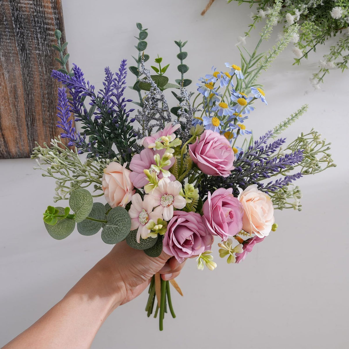 18-inch Artificial Fake Flowers Silk Flower Arrangements Faux Bouquets with Roses, Tulips, Calliopsis, Dahlias, Hydrangeas, Sages, Dandelions, Eucalyptus and Berry Bead Branch