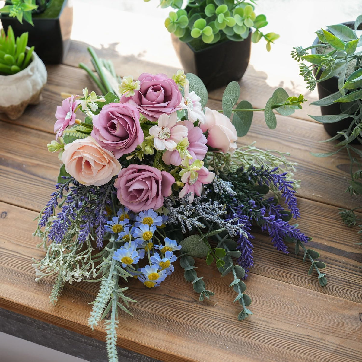 18-inch Artificial Fake Flowers Silk Flower Arrangements Faux Bouquets with Roses, Tulips, Calliopsis, Dahlias, Hydrangeas, Sages, Dandelions, Eucalyptus and Berry Bead Branch