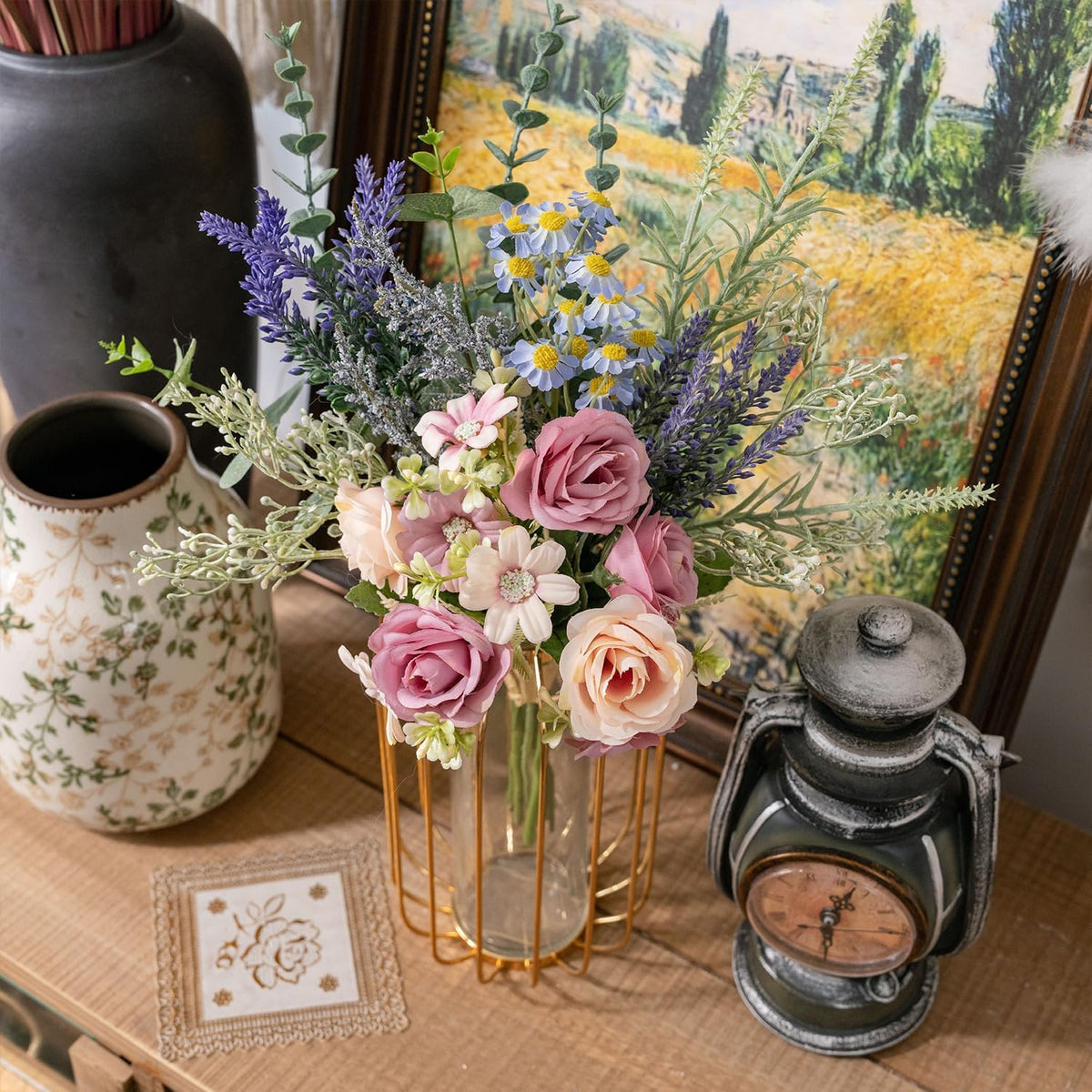 18-inch Artificial Fake Flowers Silk Flower Arrangements Faux Bouquets with Roses, Tulips, Calliopsis, Dahlias, Hydrangeas, Sages, Dandelions, Eucalyptus and Berry Bead Branch