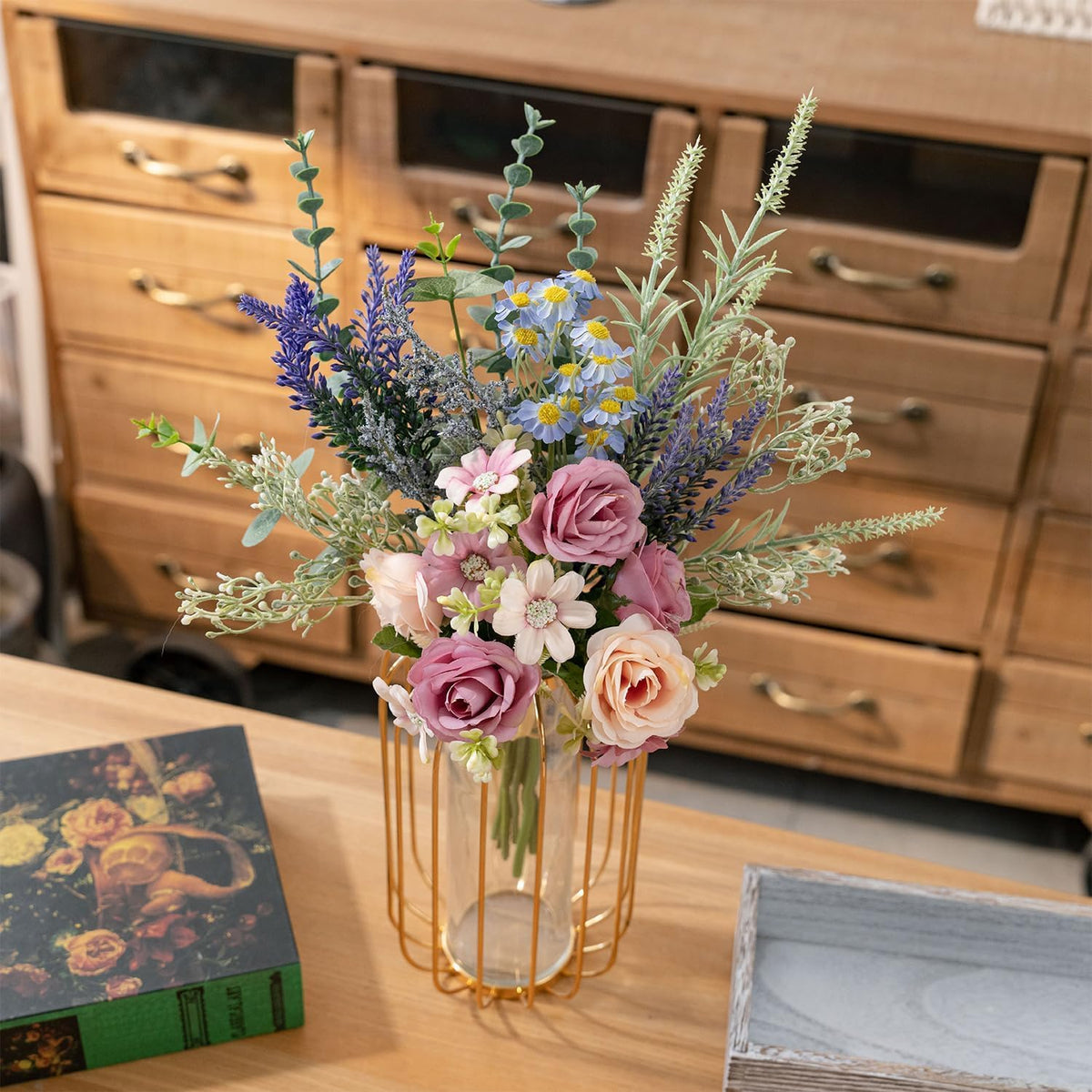 18-inch Artificial Fake Flowers Silk Flower Arrangements Faux Bouquets with Roses, Tulips, Calliopsis, Dahlias, Hydrangeas, Sages, Dandelions, Eucalyptus and Berry Bead Branch