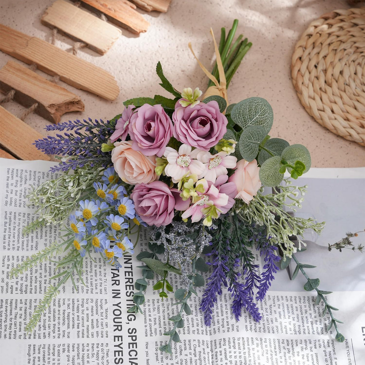 18-inch Artificial Fake Flowers Silk Flower Arrangements Faux Bouquets with Roses, Tulips, Calliopsis, Dahlias, Hydrangeas, Sages, Dandelions, Eucalyptus and Berry Bead Branch